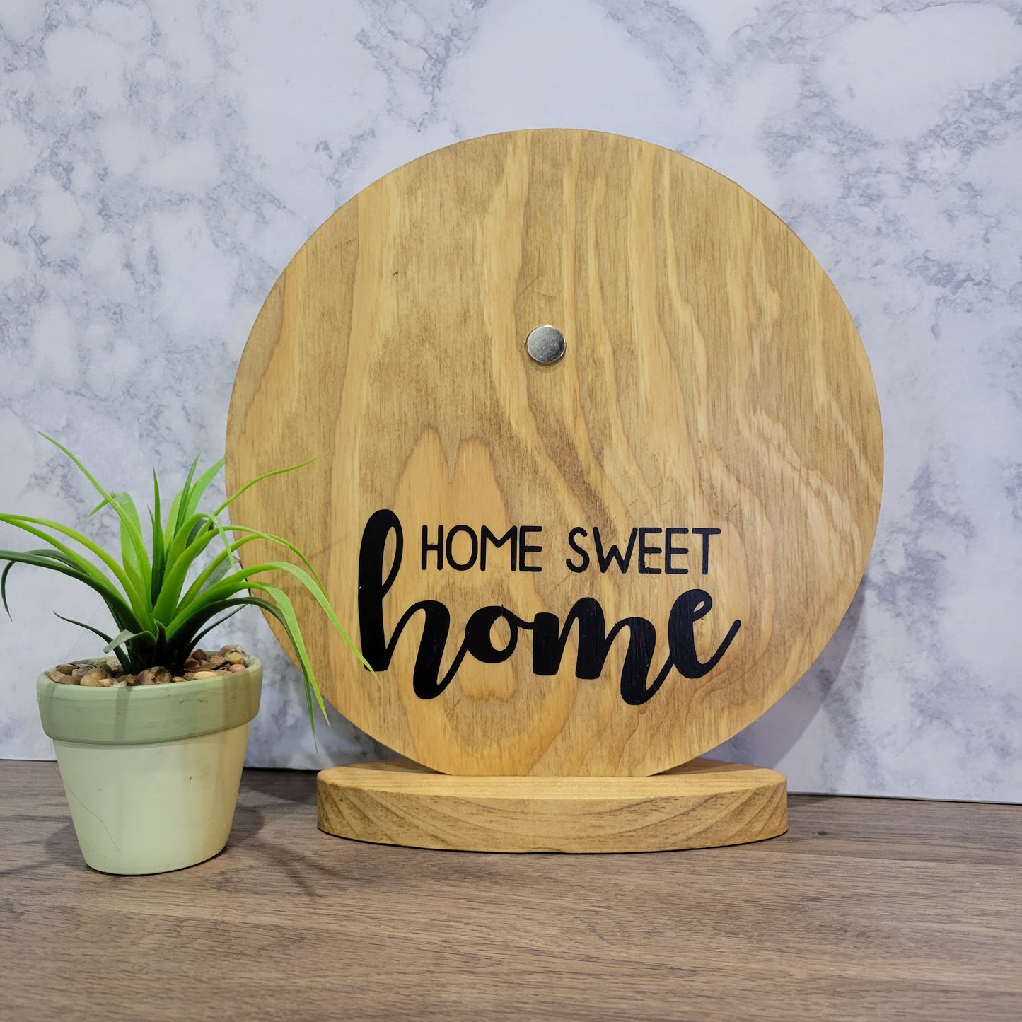 home sweet home golden oak wood round tabletop sign
