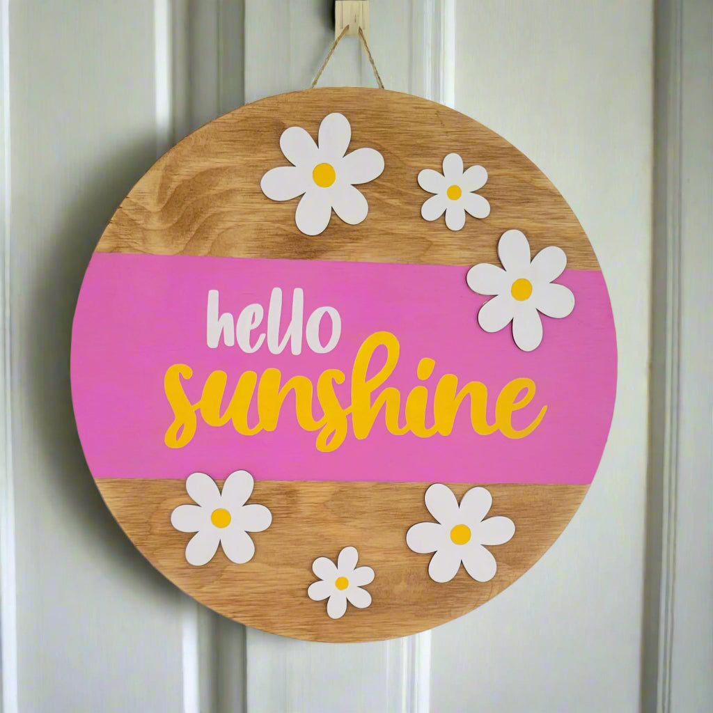Hello_Sunshine_Daisy_Door_Hanger_hanging on door pink, yellow white and golden oak 2