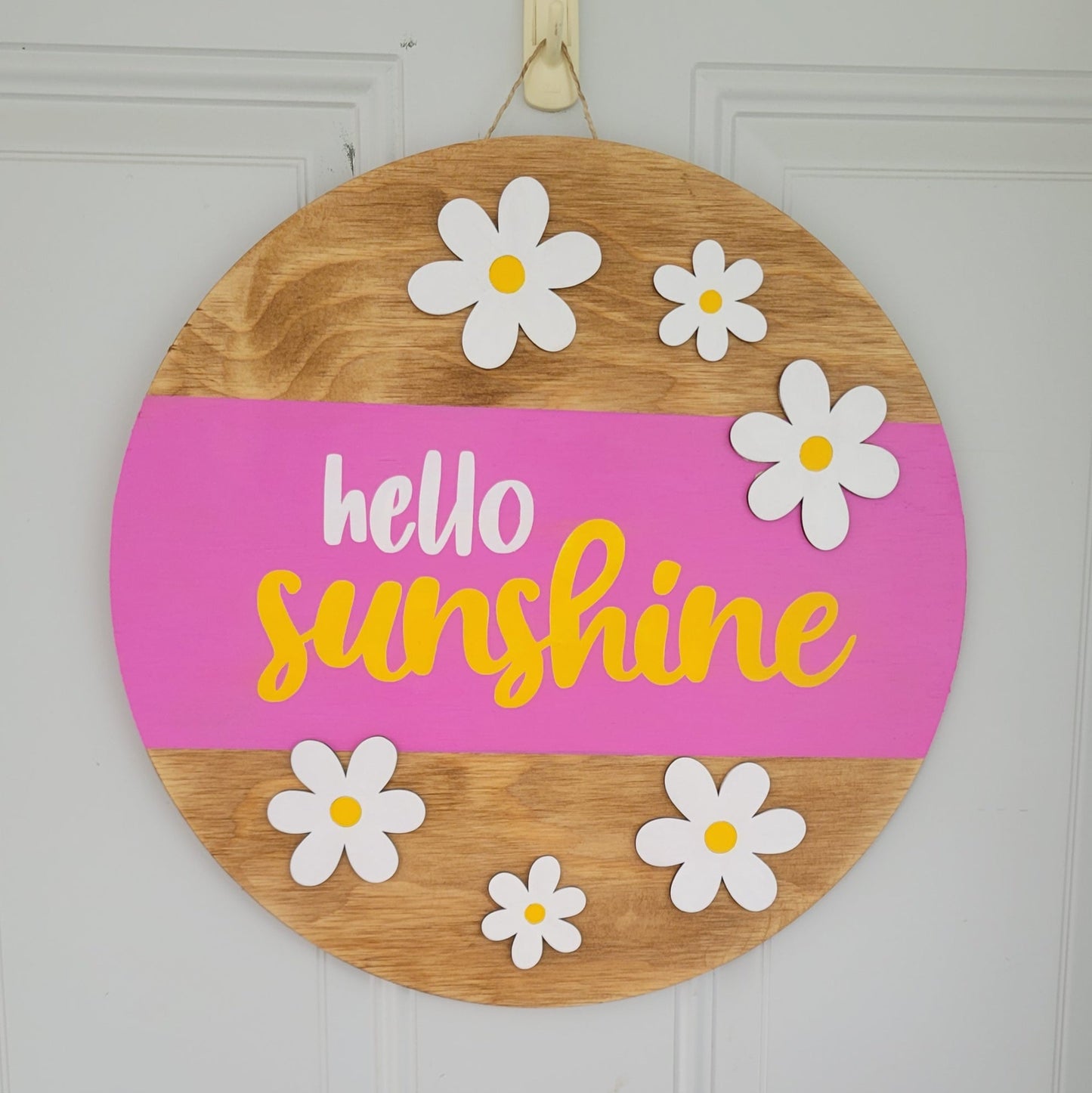 Hello_Sunshine_Daisy_Door_Hanger_hanging on door pink, yellow white and golden oak 1