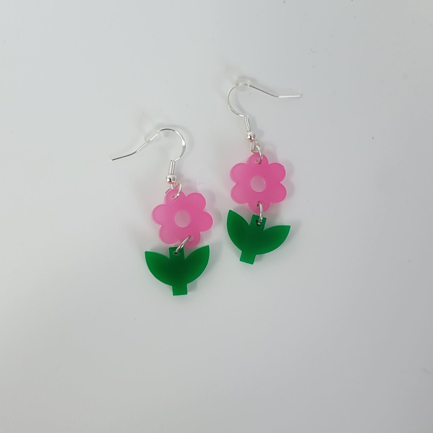 pink flower and green stem dangle acrylic lightweight earrings