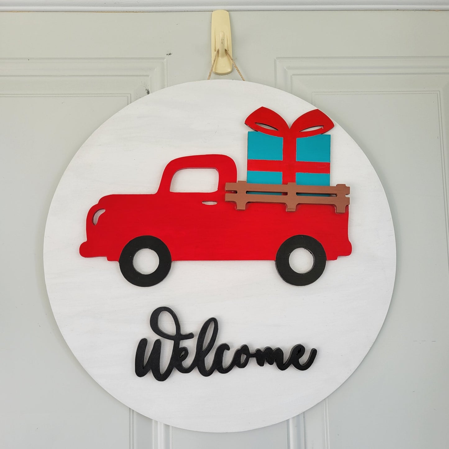 welcome red truck interchangeable door hanger with christmas present