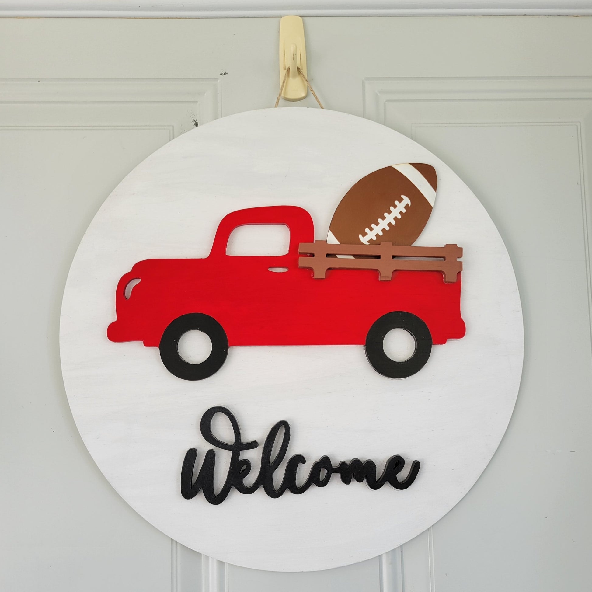 welcome red truck interchangeable door hanger with football