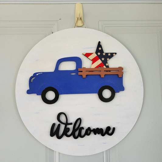 Welcome Truck interchangeable holiday door hanger with patriotic star