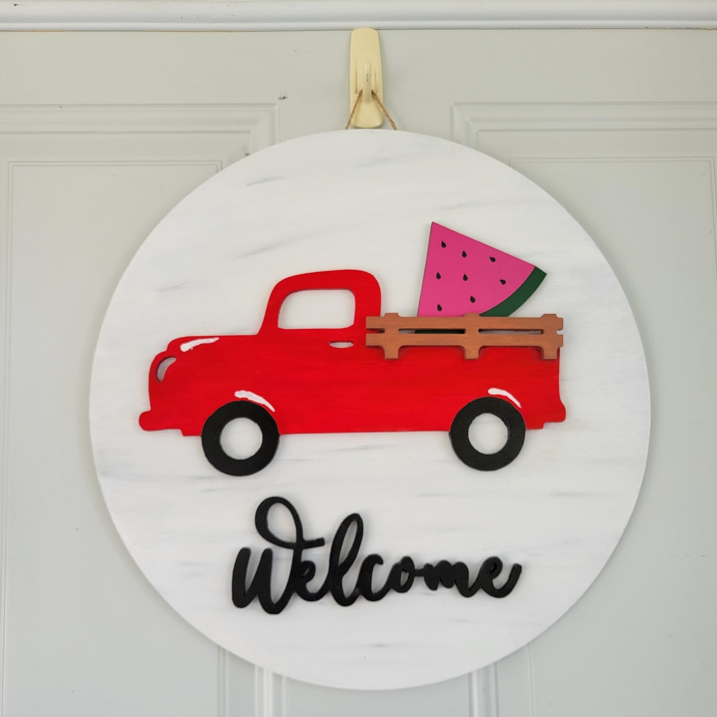 welcome red truck interchangeable door hanger with watermelon