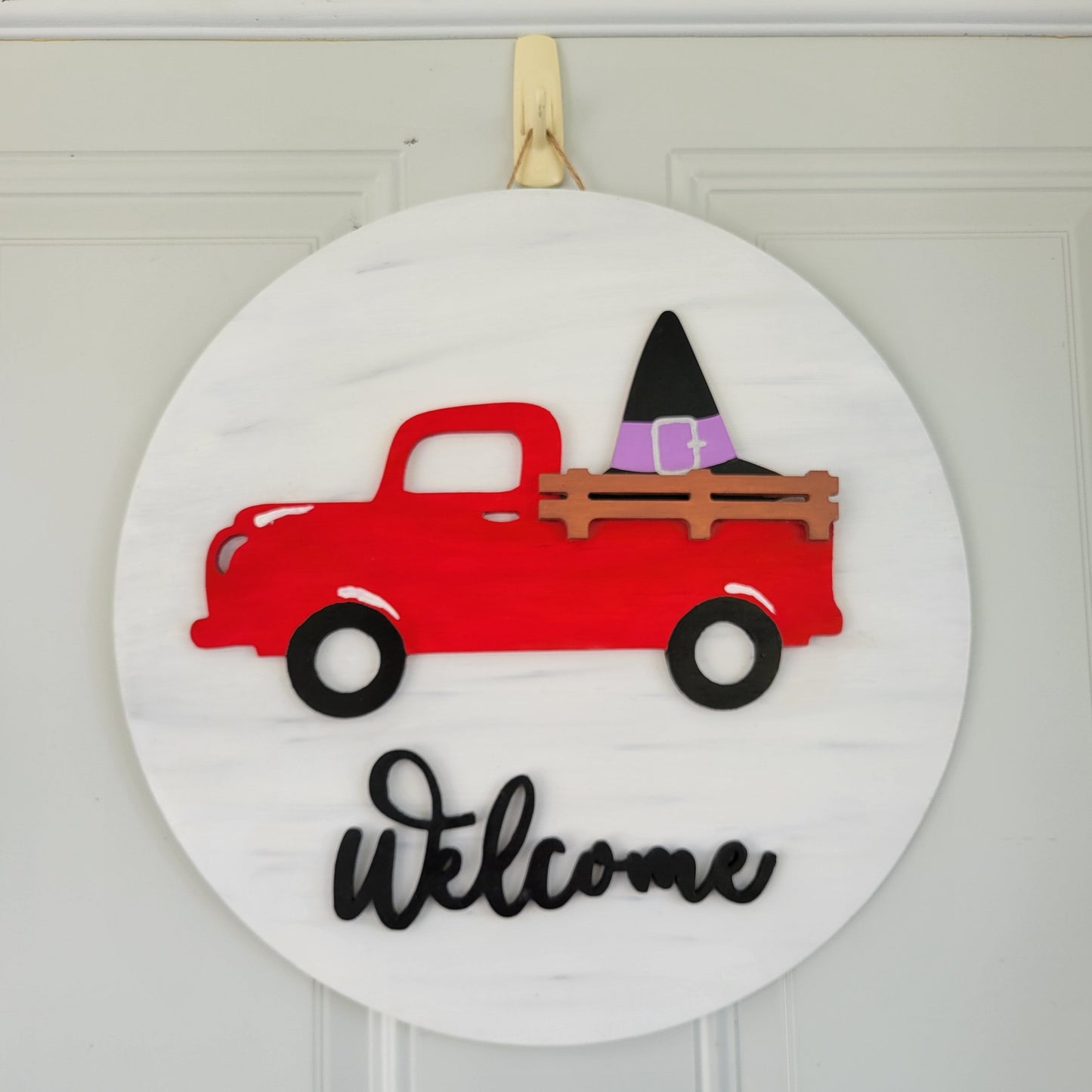 welcome red truck interchangeable door hanger with witch hat