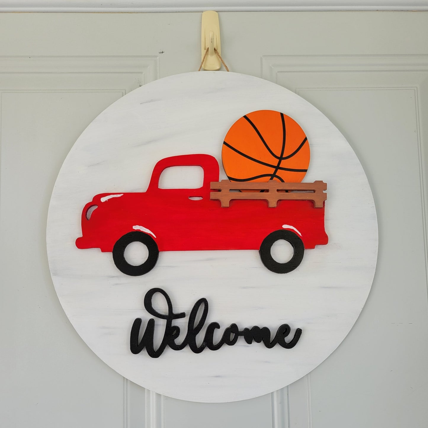 welcome red truck interchangeable door hanger with basketball