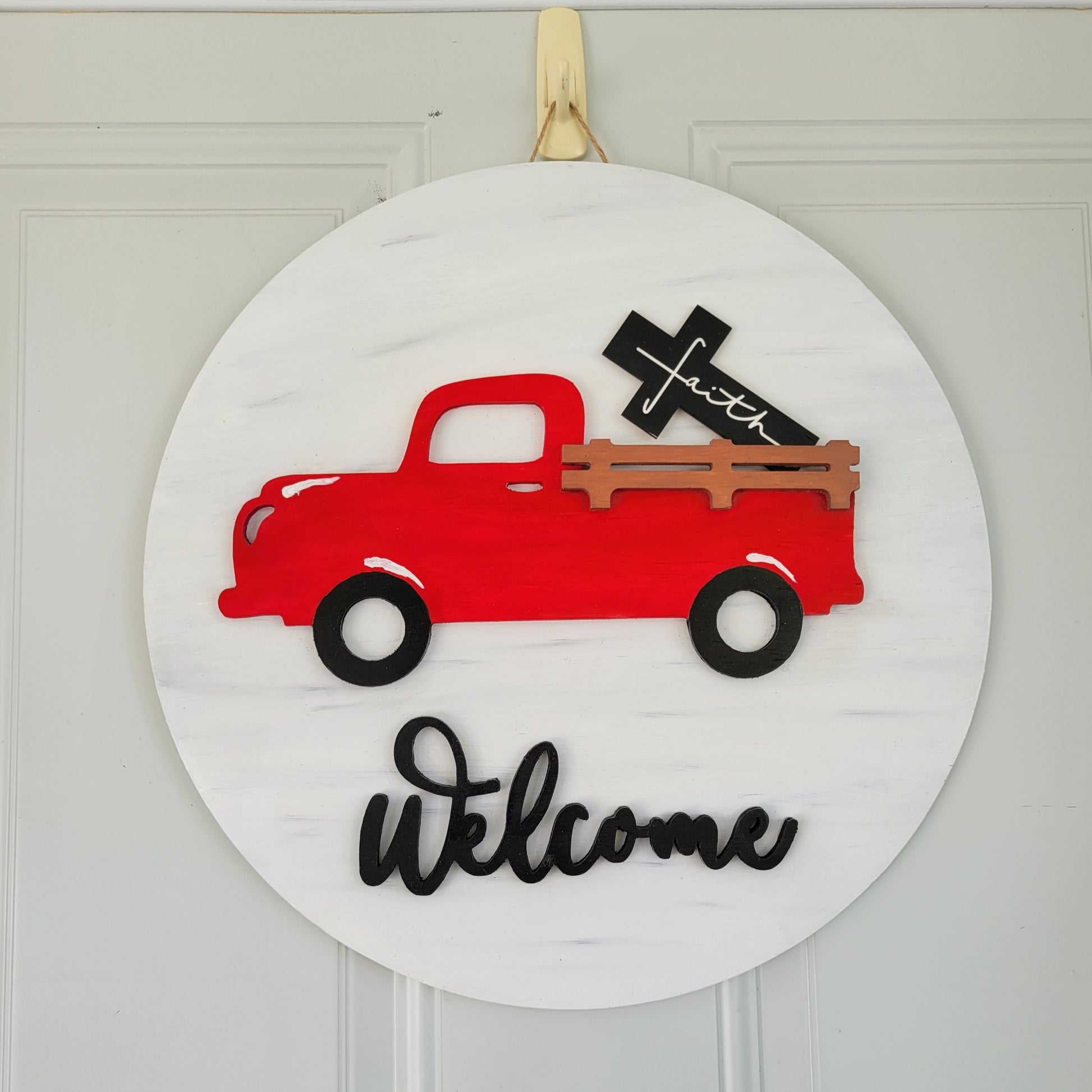 welcome red truck interchangeable door hanger with cross