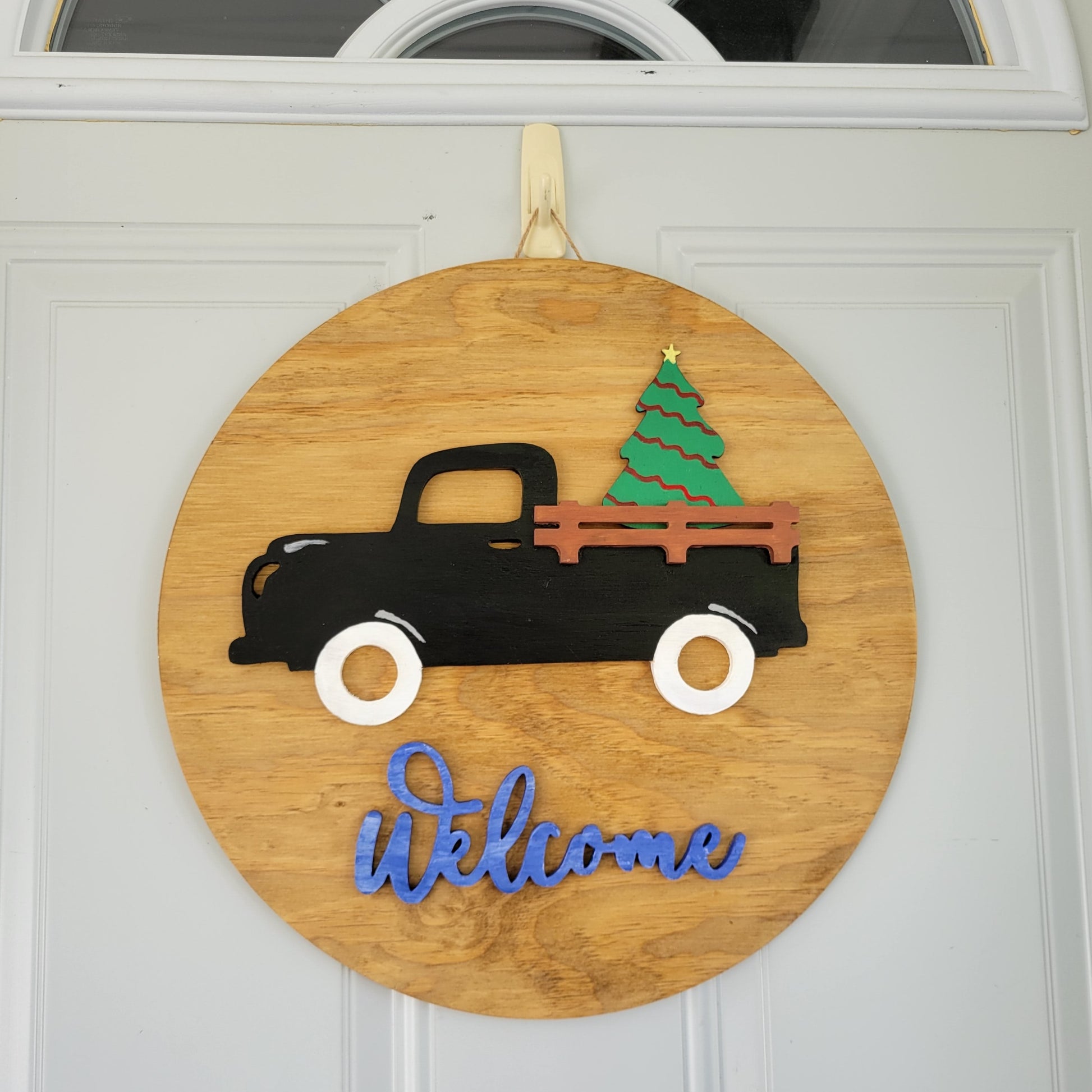 Welcome black Truck interchangeable holiday door hanger with Christmas tree