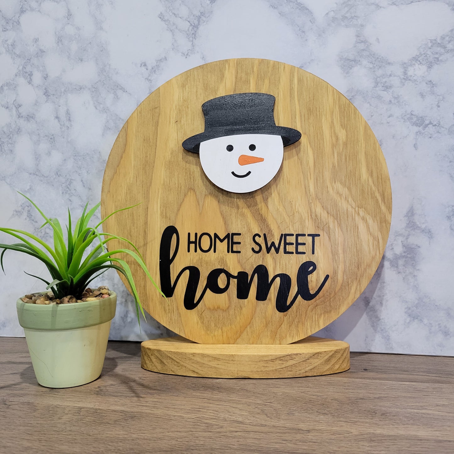 home sweet home golden oak wood round tabletop sign with snowman