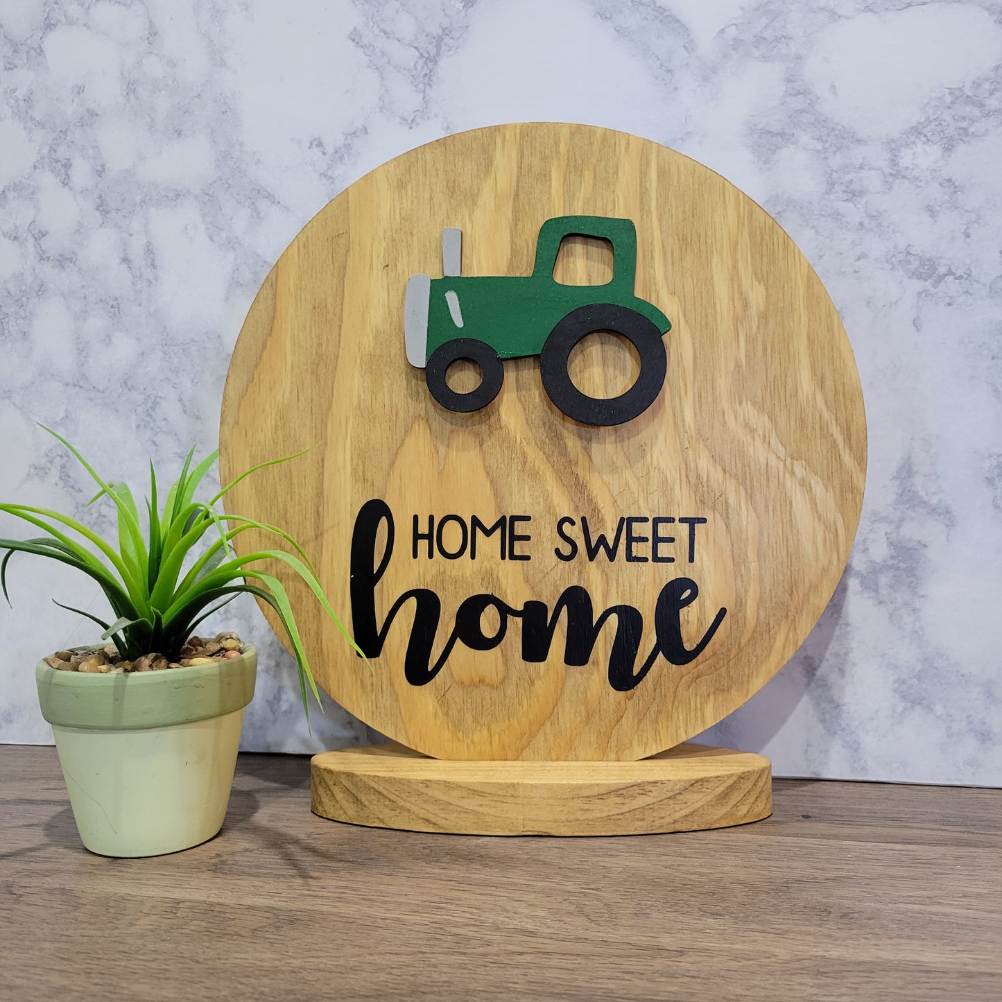 home sweet home golden oak wood round tabletop sign with tractor