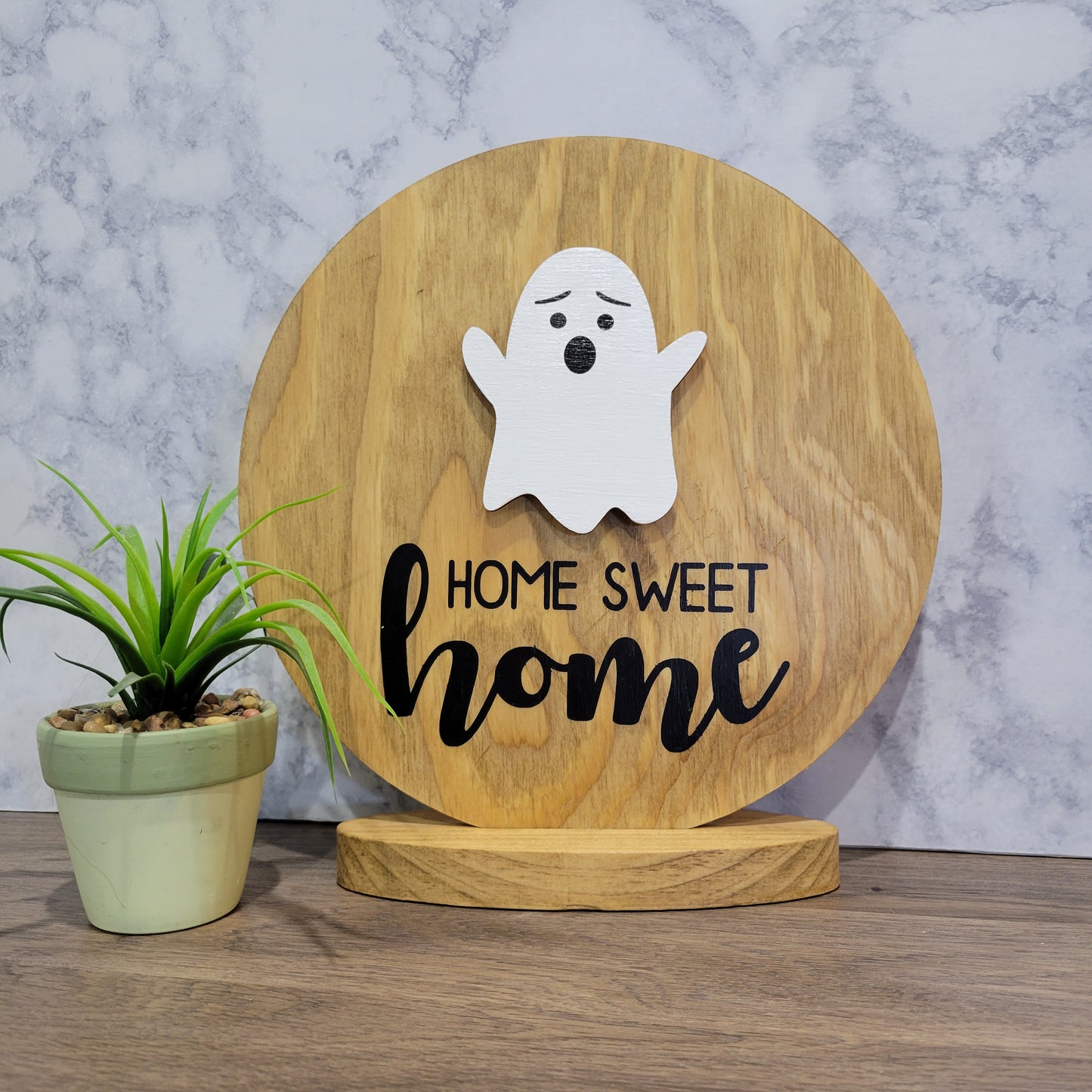 home sweet home golden oak wood round tabletop sign with halloween ghost