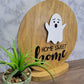 home sweet home golden oak wood round tabletop sign with halloween ghost angle