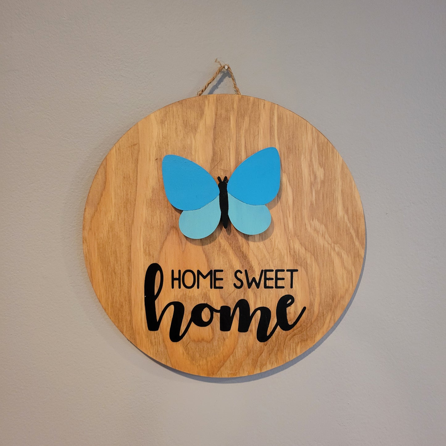 home sweet home golden oak wood round hanging sign with butterfly