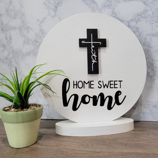 home sweet home white wood round tabletop sign with faith cross