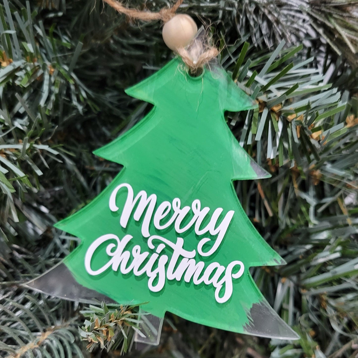 Merry Christmas green tree clear acrylic back painted ornament