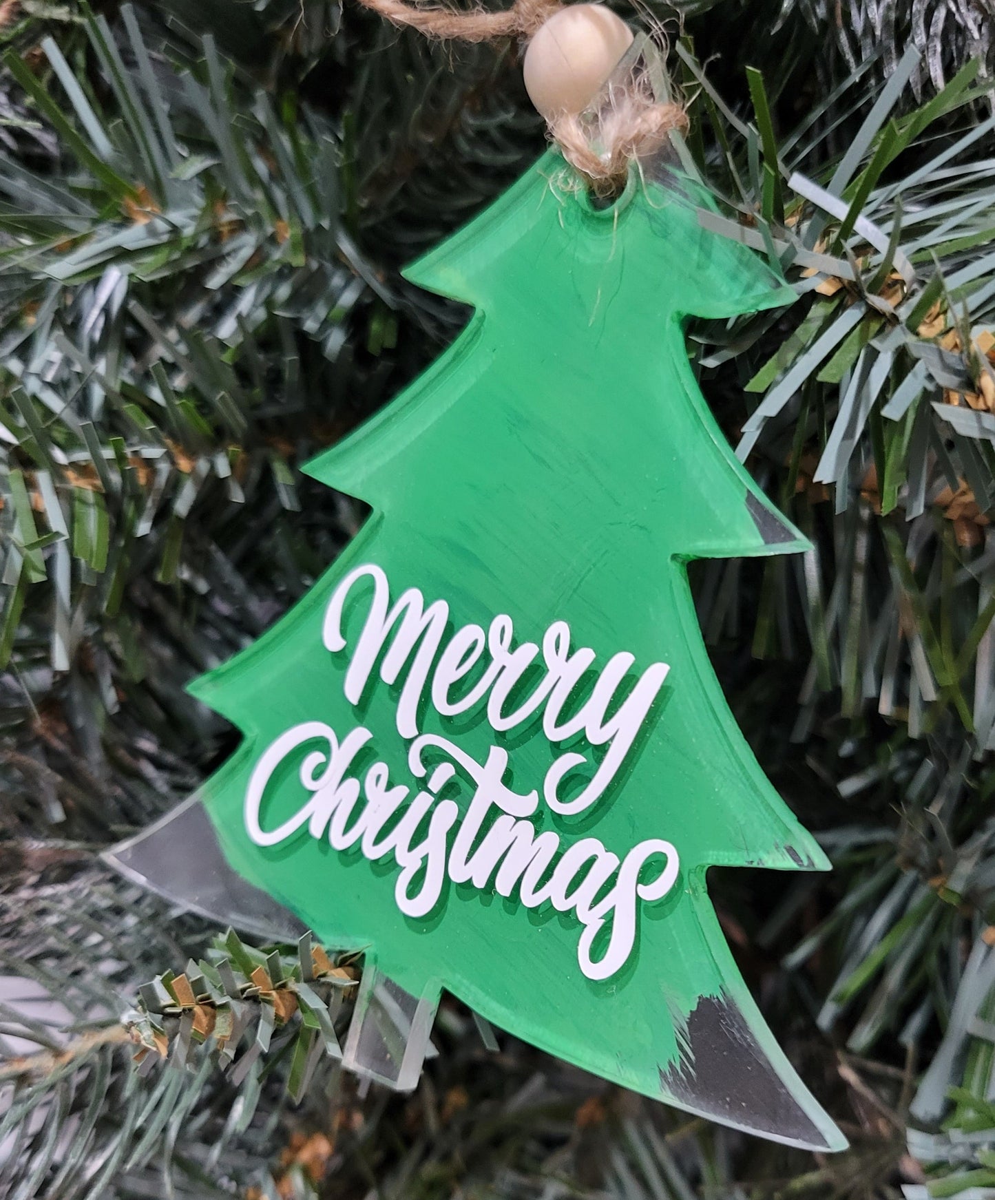 Merry Christmas green tree clear acrylic back painted ornament