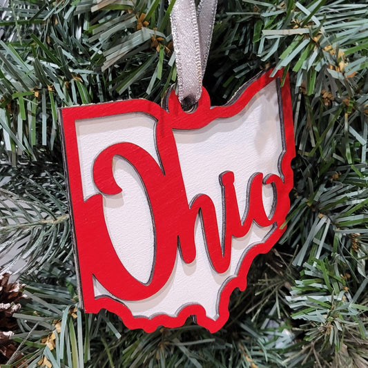 red and white ohio shaped double layered christmas ornament