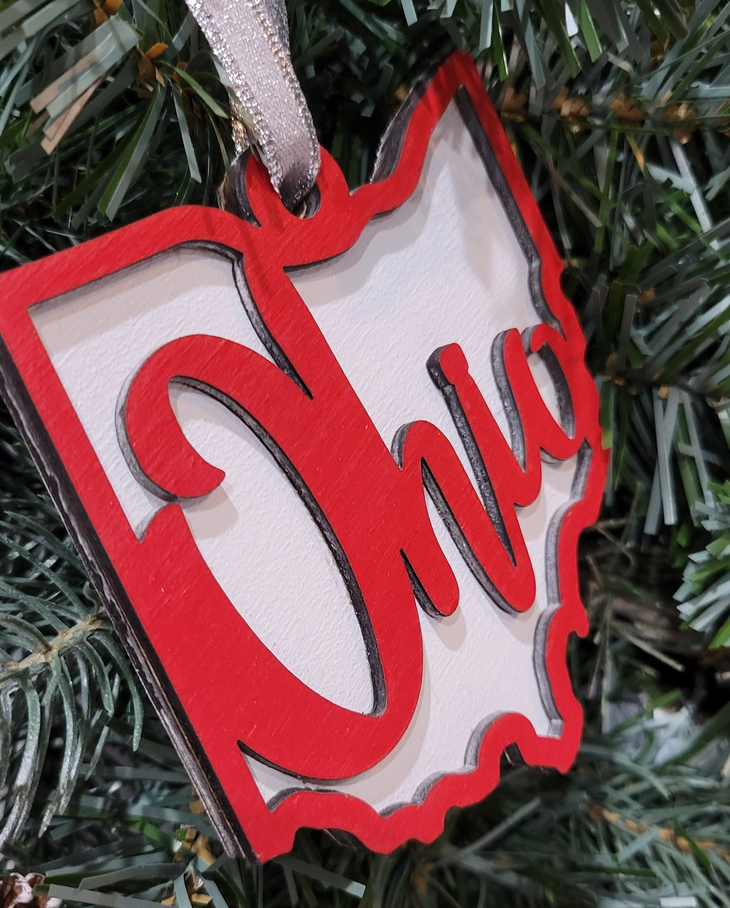 red and white ohio shaped double layered christmas ornament