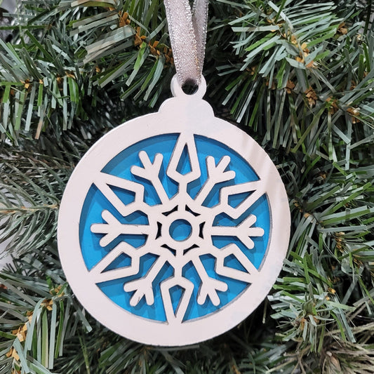 blue and white wooden snowflake double layer ornament for christmas