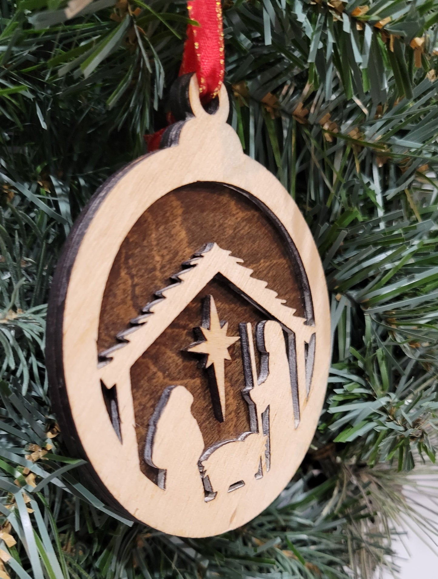 round double layer nativity scene wood ornament