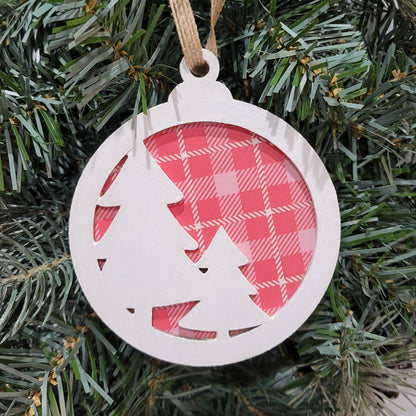 double layer wooden christmas tree with red plaid background