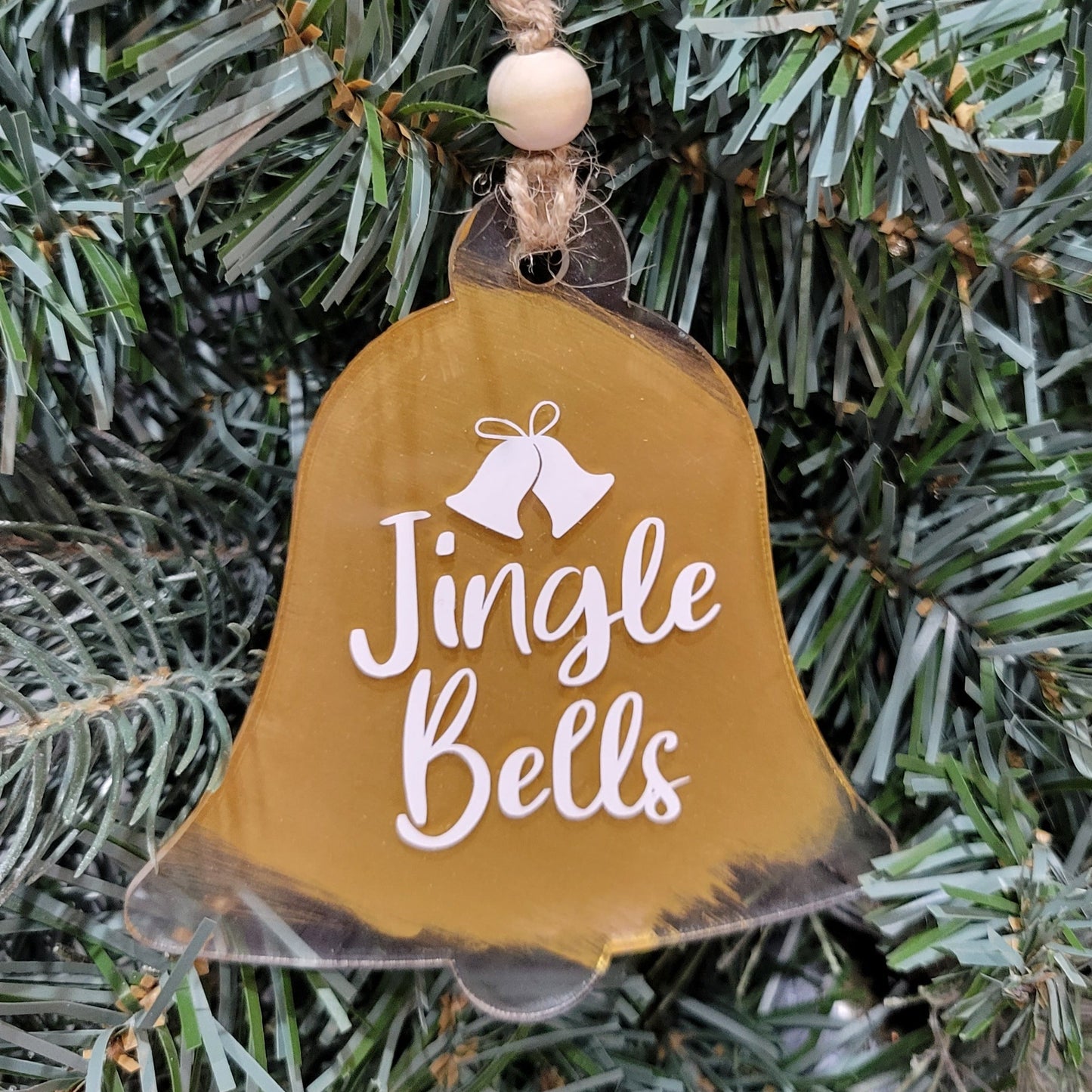 jingle bells metallic gold bell shaped clear acrylic back painted ornament