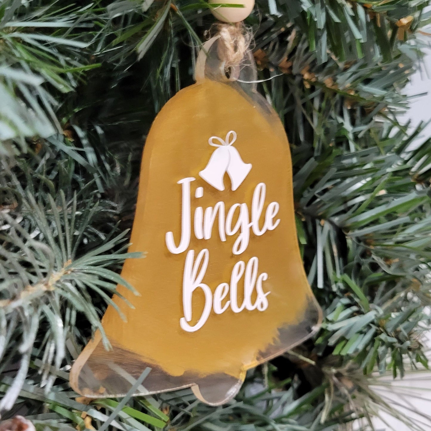 jingle bells metallic gold bell shaped clear acrylic back painted ornament