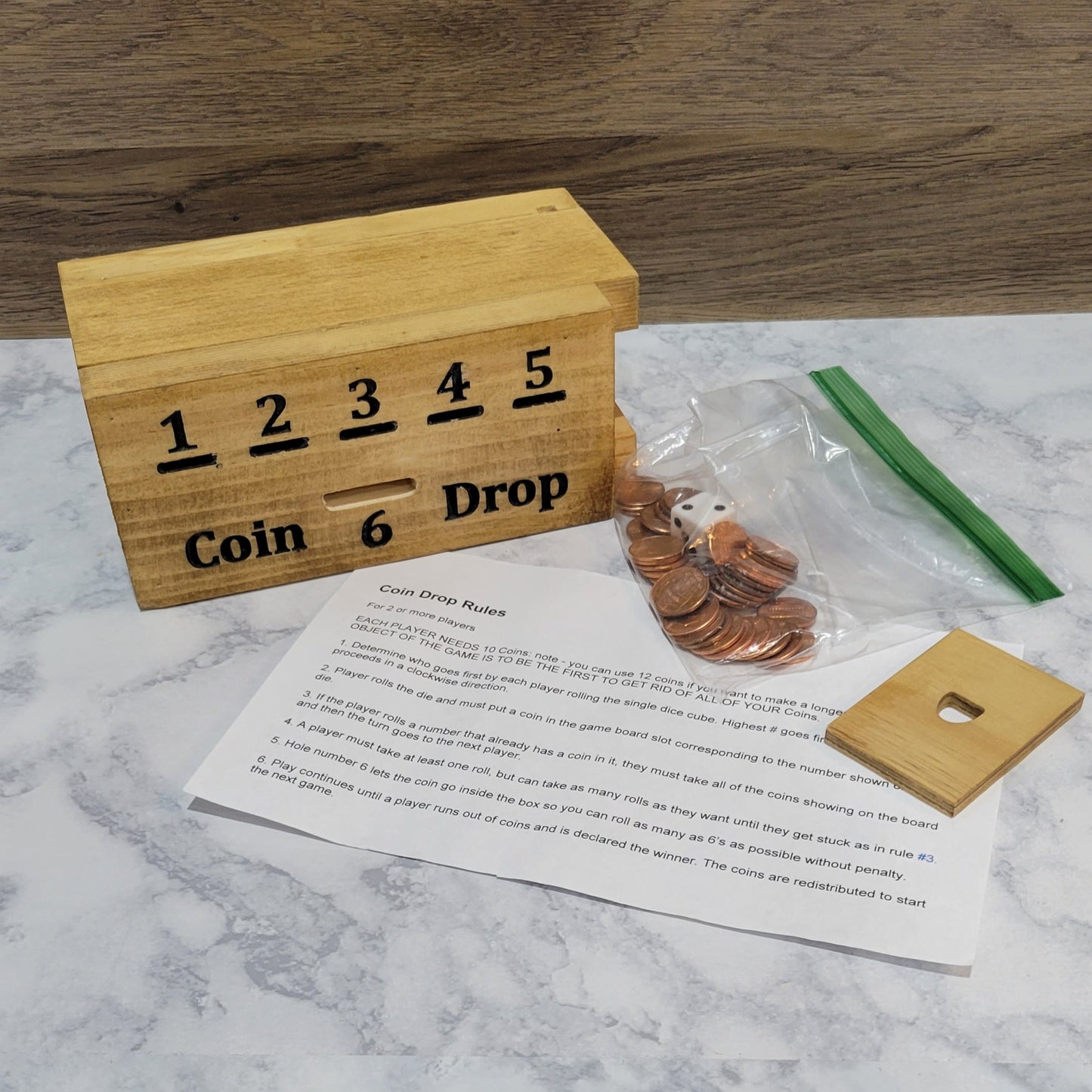 handmade wood coin drop game with accessories