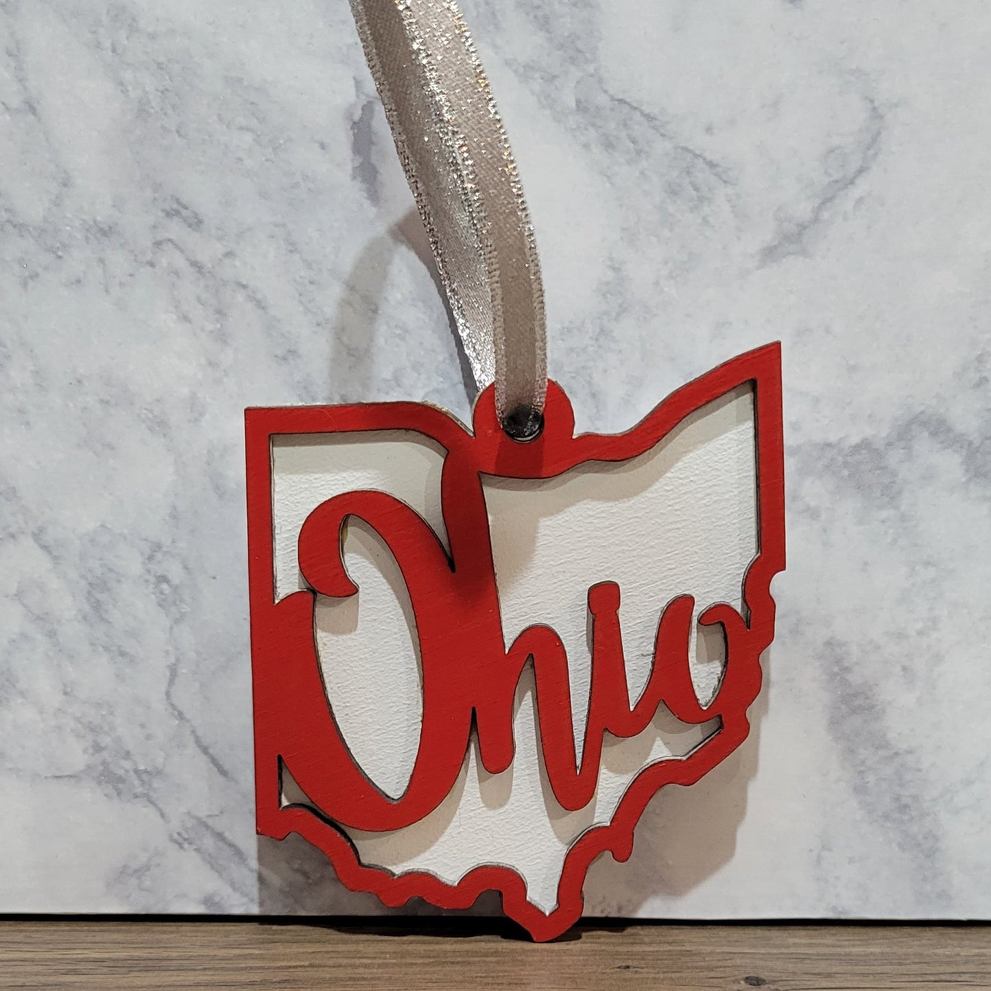 red and white ohio shaped double layered christmas ornament