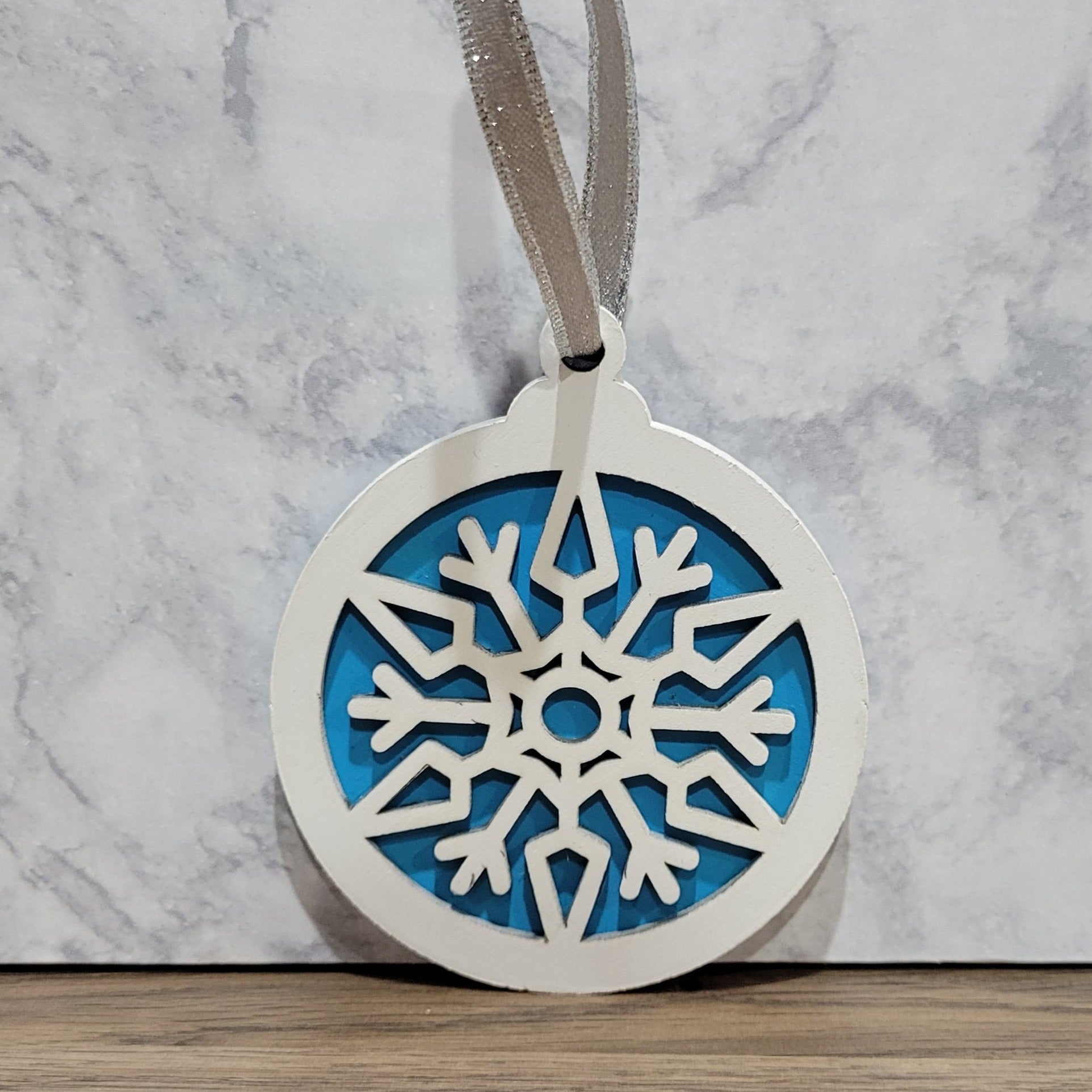 blue and white wooden snowflake double layer ornament for christmas