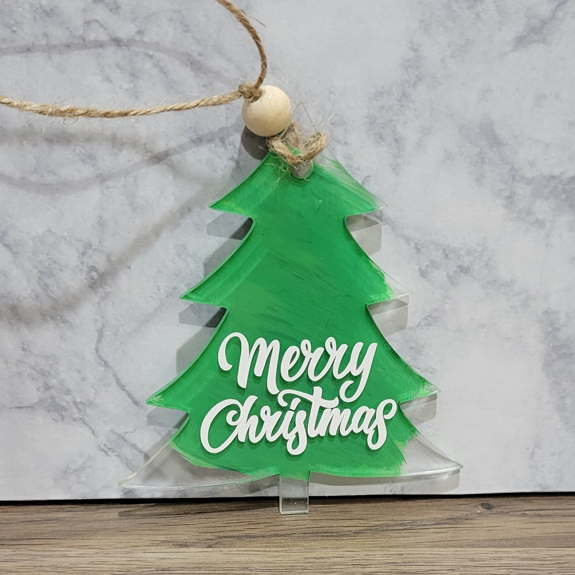 Merry Christmas green tree clear acrylic back painted ornament