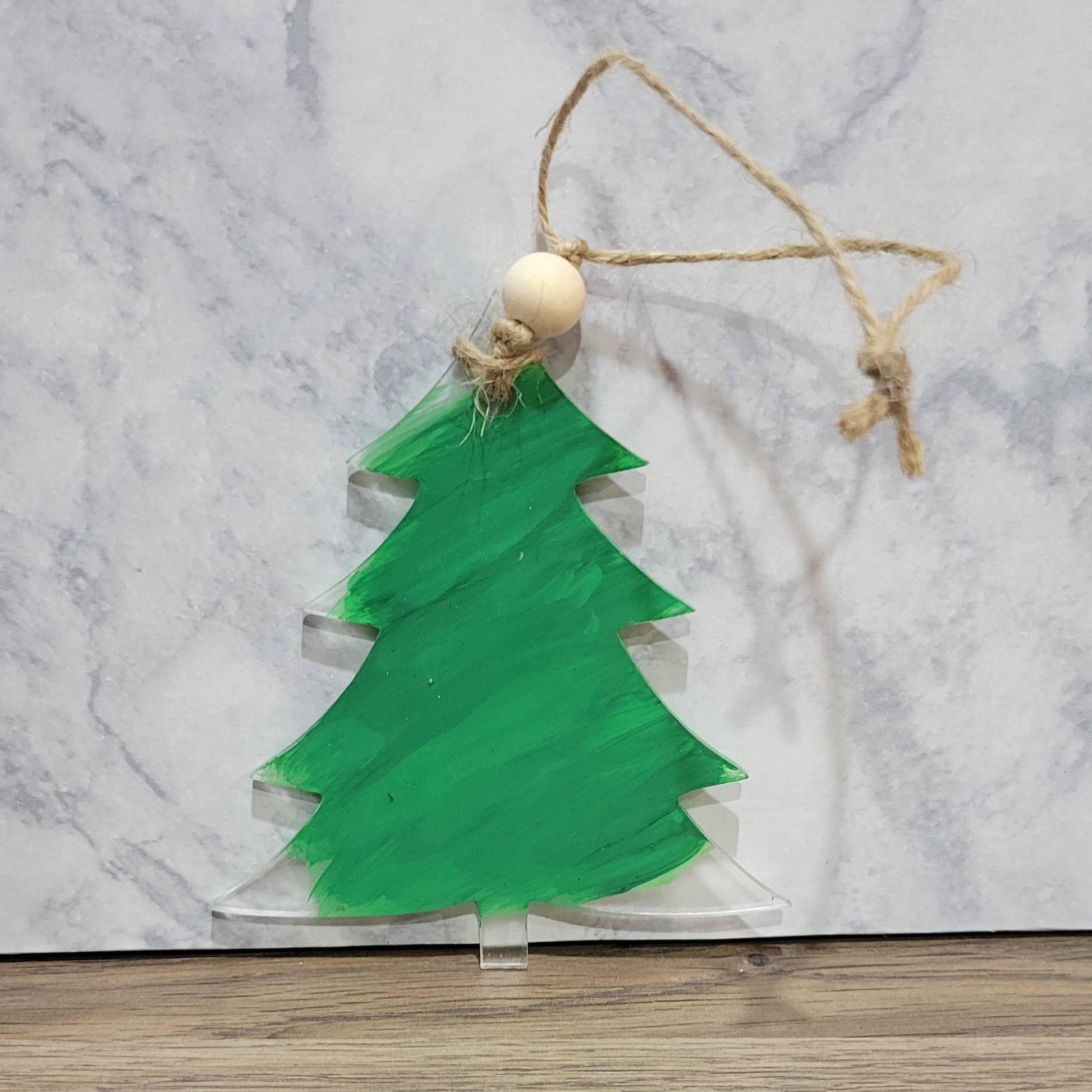 Merry Christmas green tree clear acrylic back painted ornament