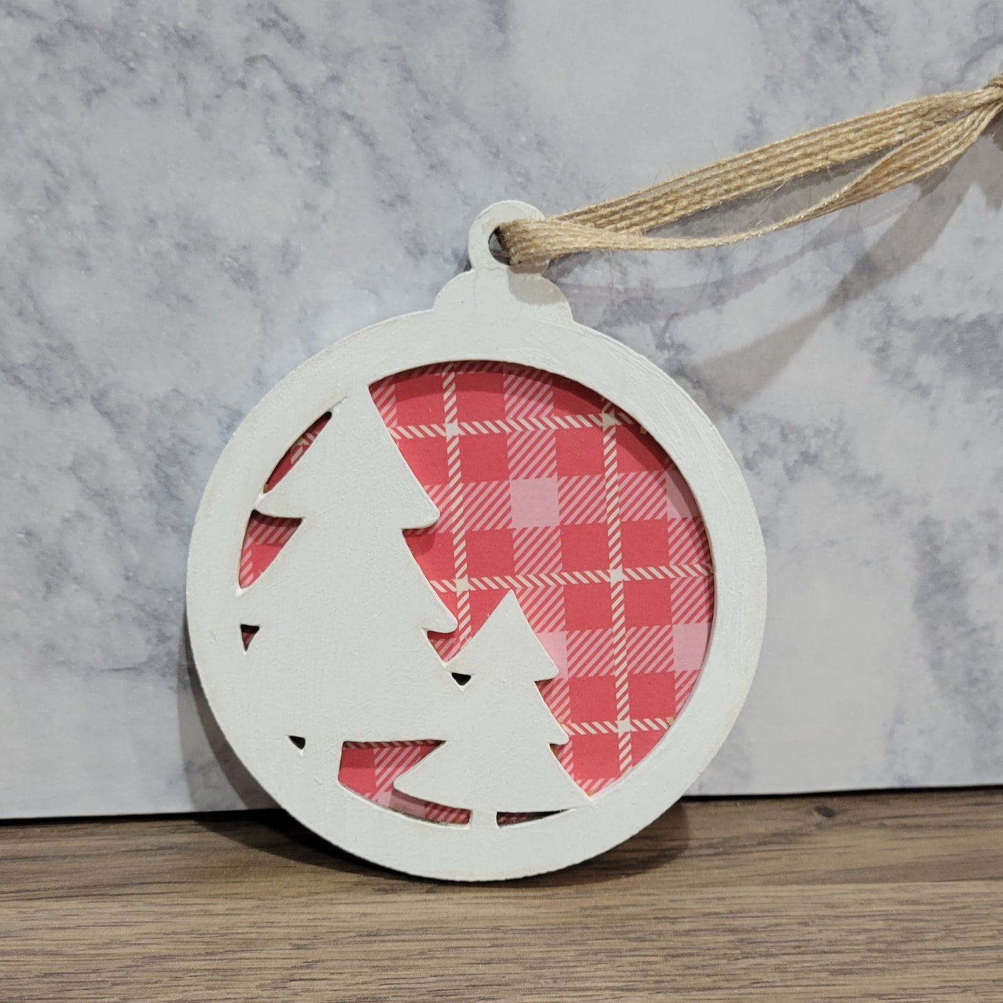 double layer wooden christmas tree with red plaid background