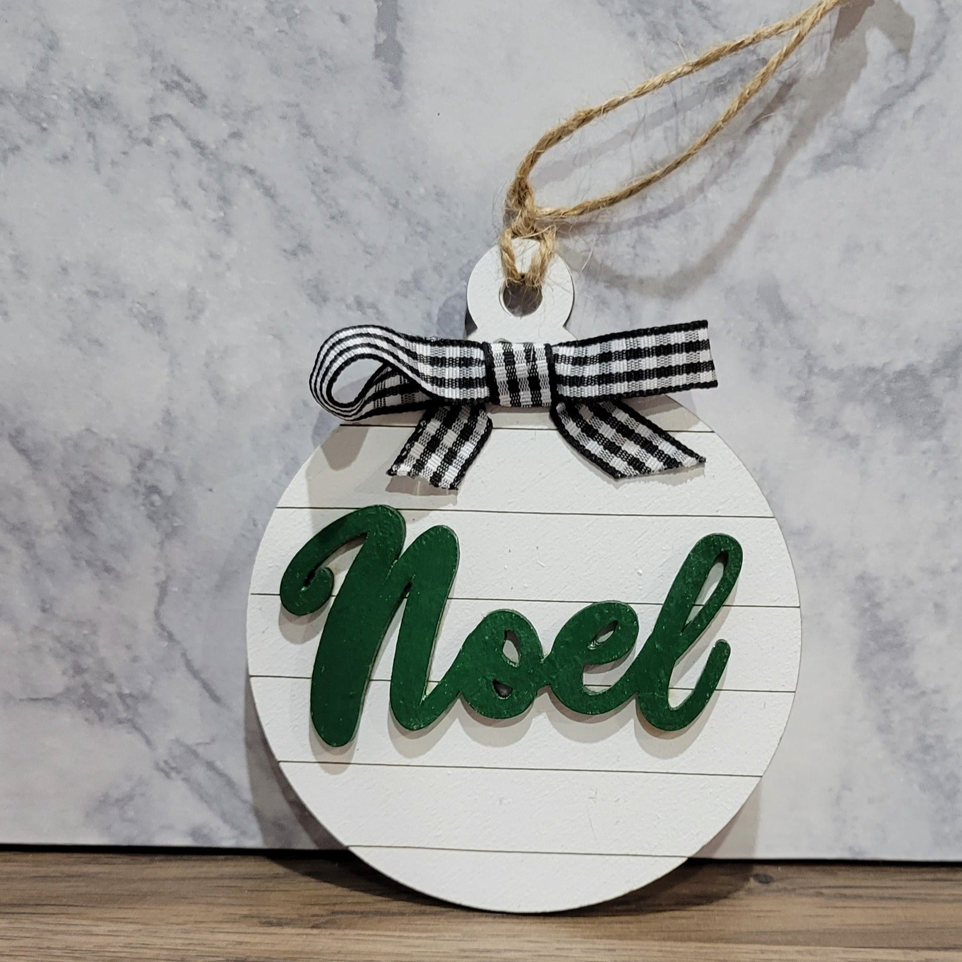 white round shiplap lined noel christmas ornament