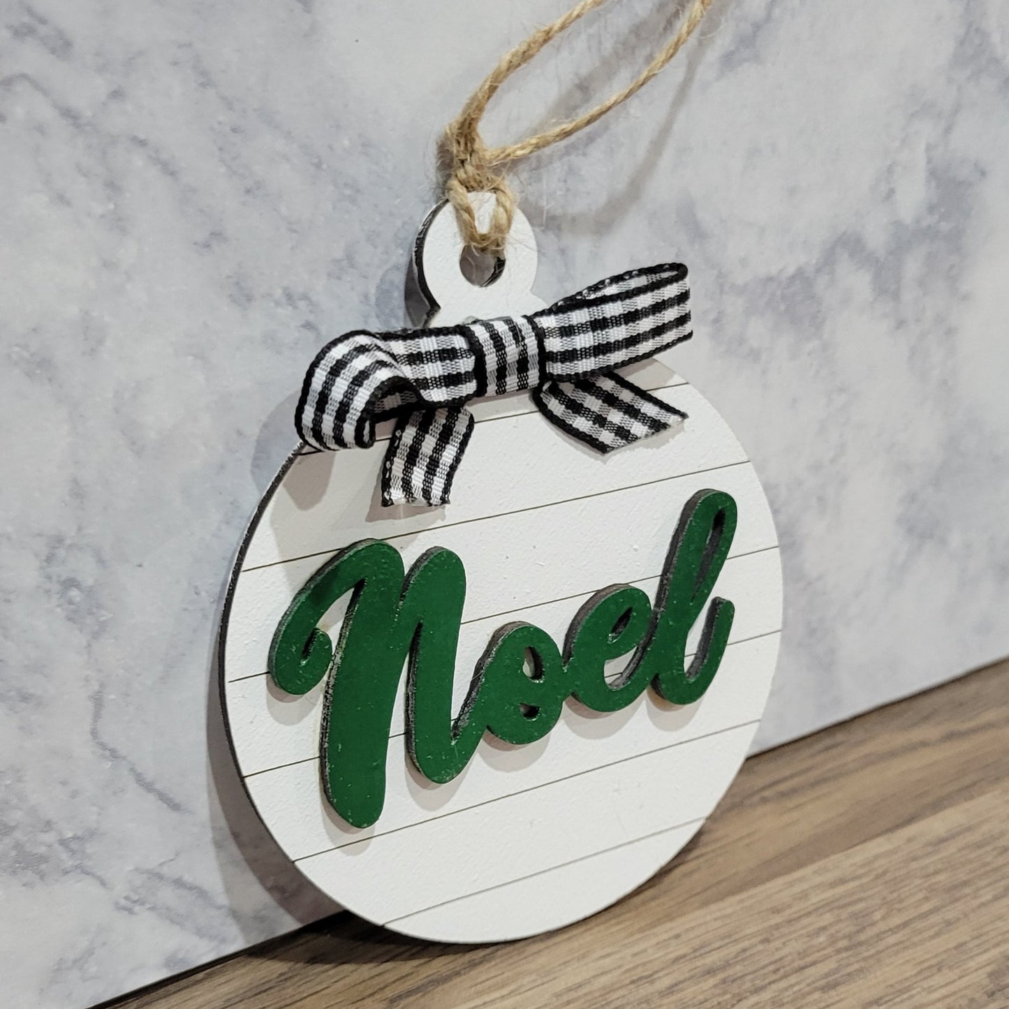 white round shiplap lined noel christmas ornament