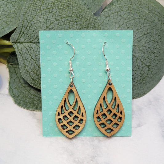 golden oak wooden laser cut teardrop patterned earring