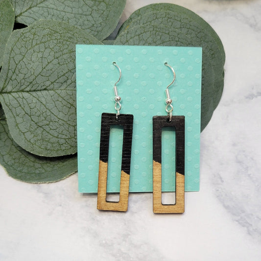 black and golden oak rectangle dangle wooden handmade earrings