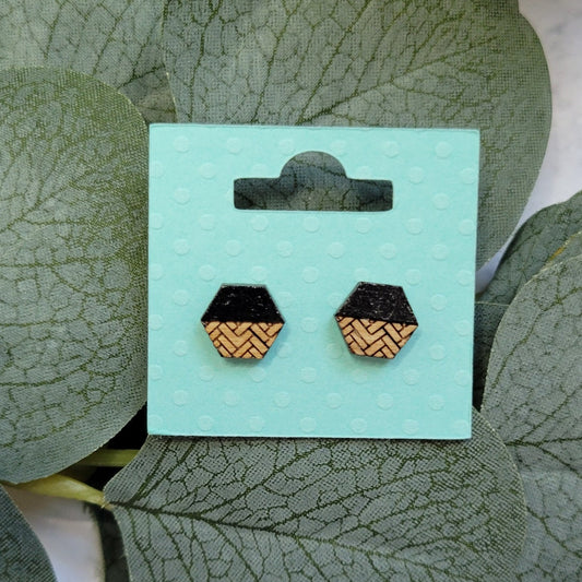 black and golden oak herringbone patterned hexagon-shaped wood engraved stud earrings