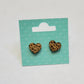 engraved golden oak cheetah print heart-shaped stud earrings on a white background