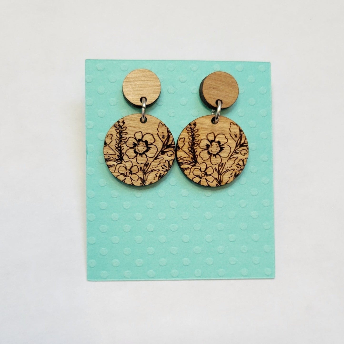 floral engraved wood earrings