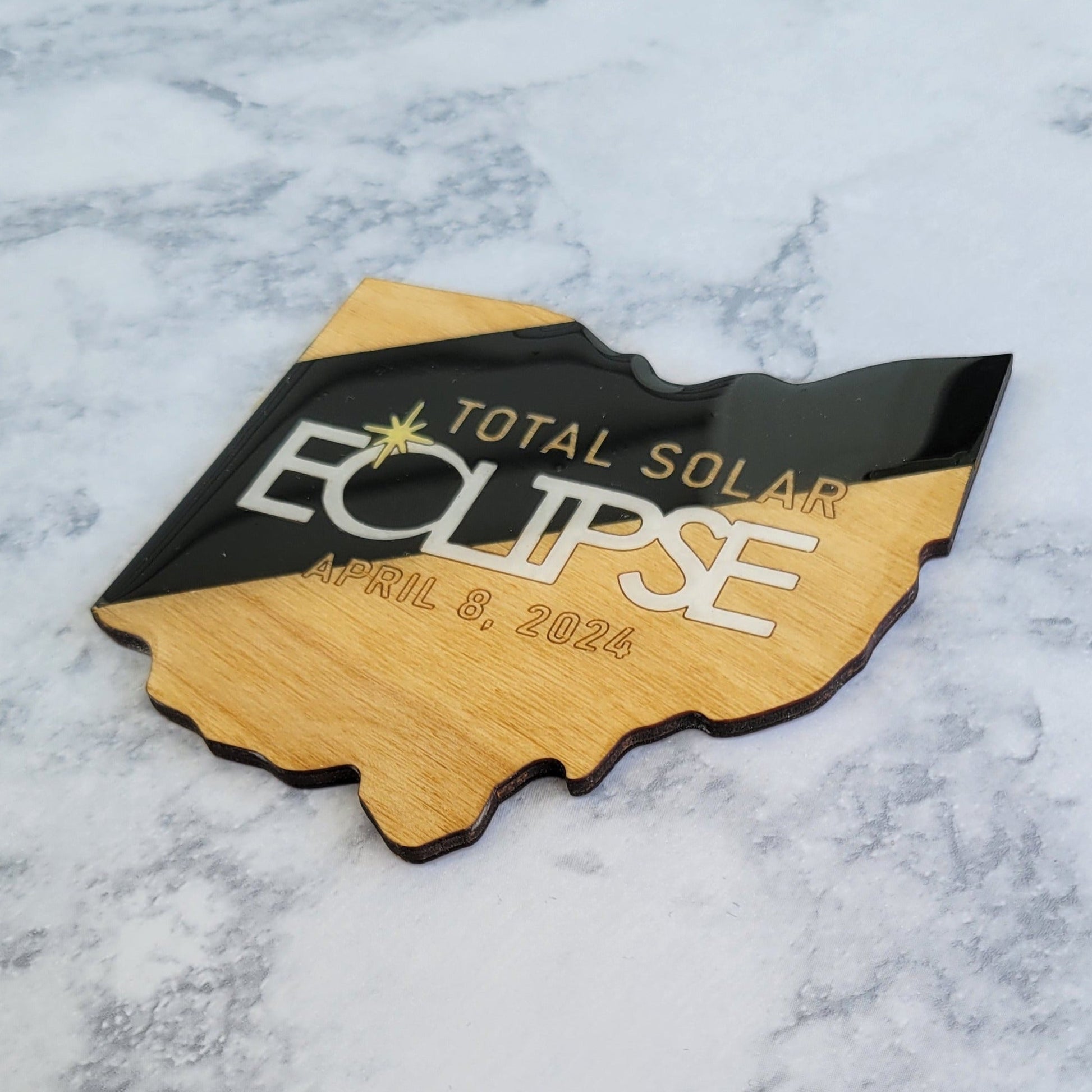 Ohio shaped total solar eclipse coaster sealed with epoxy angled view