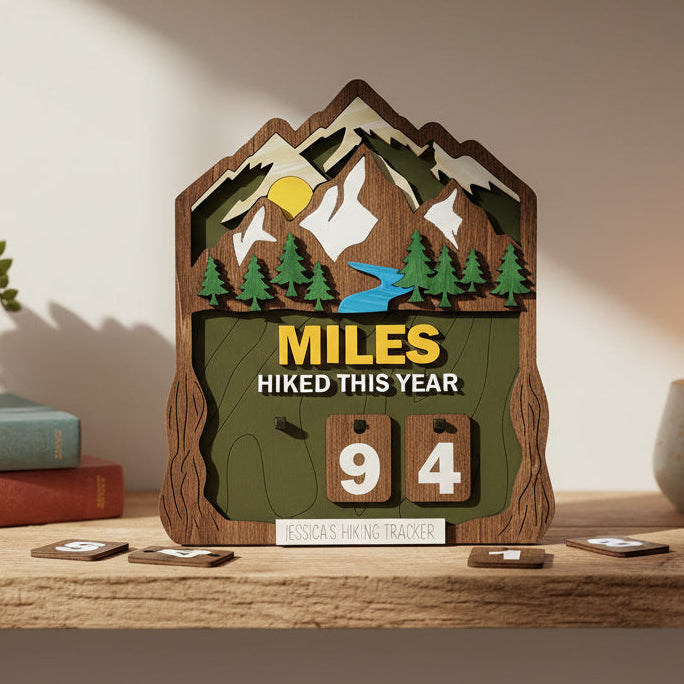 Layered wooden hiking tracker sign featuring mountains, evergreen trees, a river, and sunrise, with the text “Miles Hiked This Year” and interchangeable number tiles