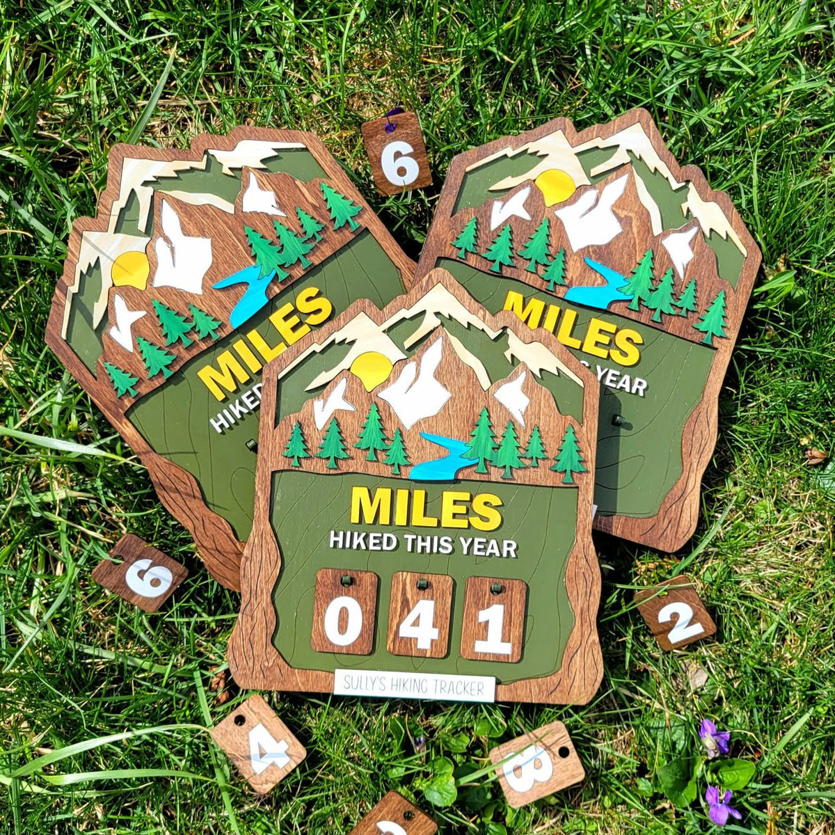 Three wooden hiking milestone plaques with mountain and tree illustrations are arranged on grass, with small wooden number tiles scattered around them. The center plaque reads "MILES HIKED THIS YEAR" and shows the numbers 0, 4, and 1.