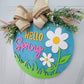 hello spring door hanger with white and yellow flowers with bow and spring greeneryangled view hanging on door