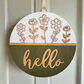 olive green, white and golden oak hello door hanger with cutout stemmed flowers hanging on door 2