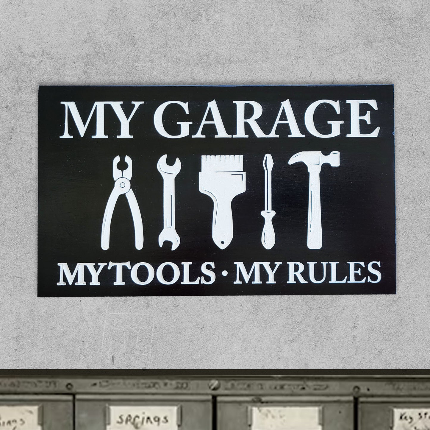 black and white wood handmade my garage my tools my rules sign