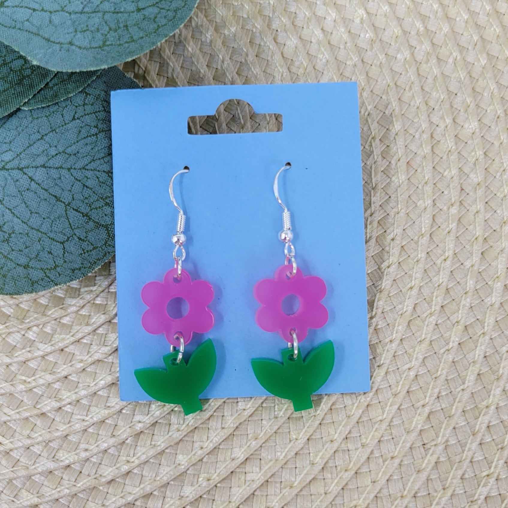 pink flower and green stem dangle acrylic lightweight earrings