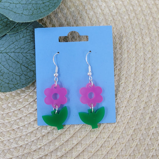 pink flower and green stem dangle acrylic lightweight earrings