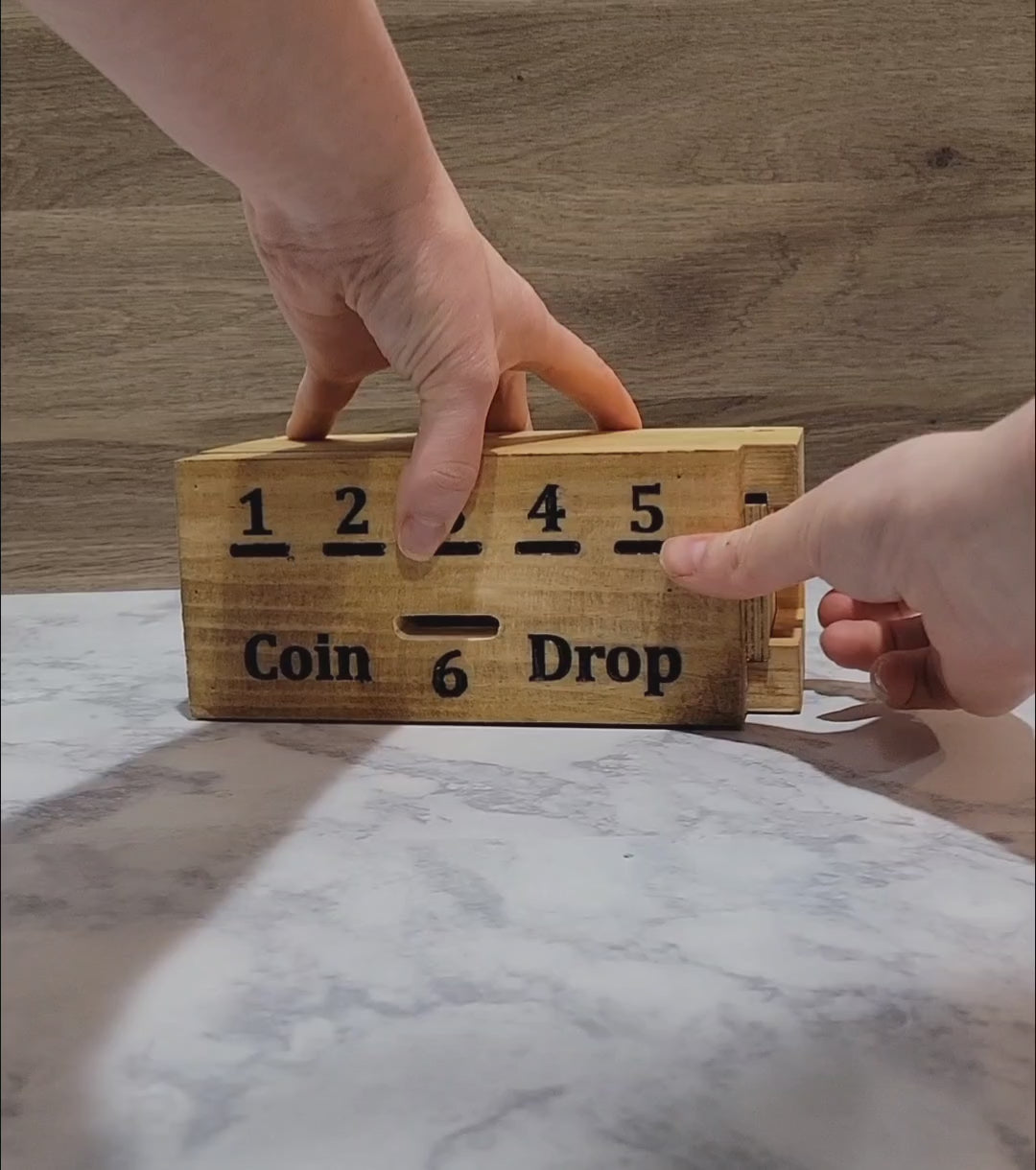 handmade wood coin drop game open and getting coins out