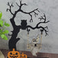 Halloween Spooky Tree with Swinging Ghost Drinking Coffee